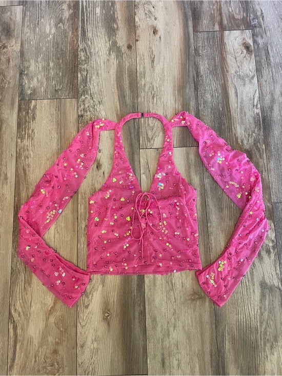 Oh Polly Tops - Pink Sequin Halter Crop Top with Detachable Sleeves